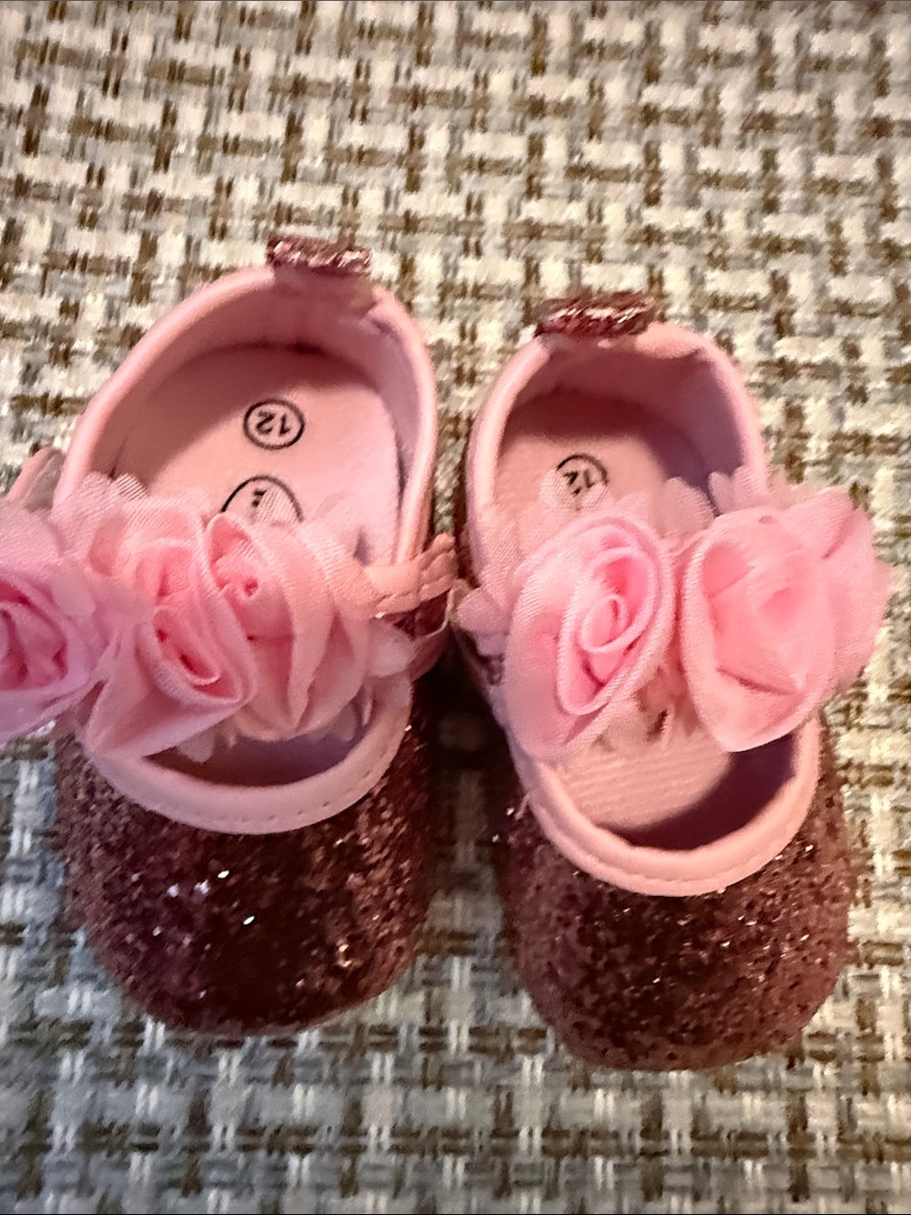 Baby Pink Glitter Mary Jane Shoes with Rose Trim